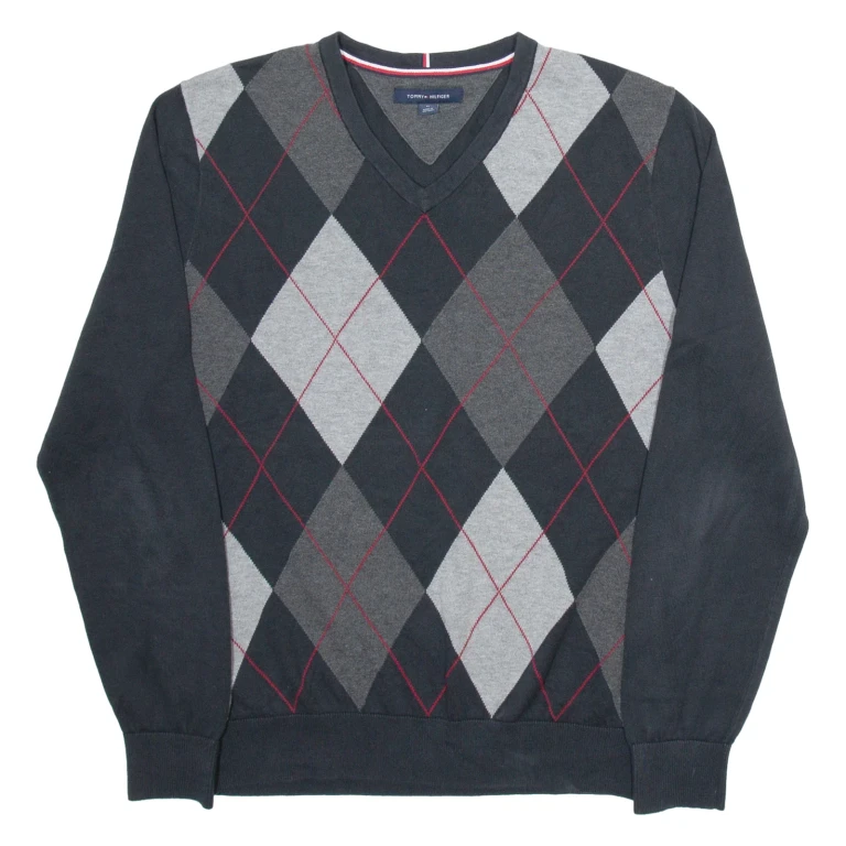 TOMMY HILFIGER Mens Jumper Grey Argyle V-Neck Tight Knit M