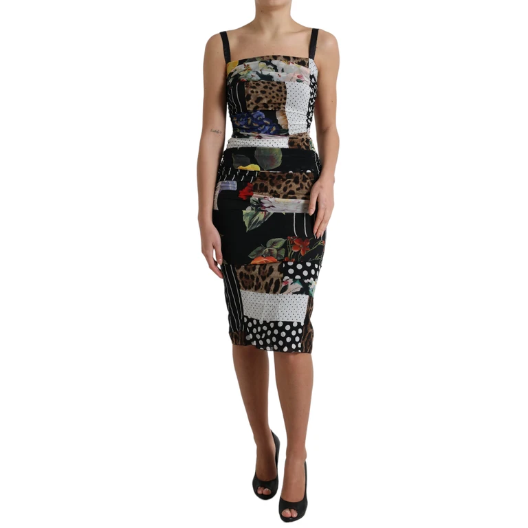 Dolce & Gabbana Multicolor Patchwork Midi Floral Leopard Bodycon Dress Silk Elastane - Women