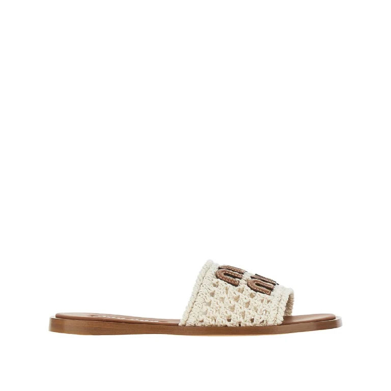 MIU MIU Crochet cotton slides with logo Woman 40