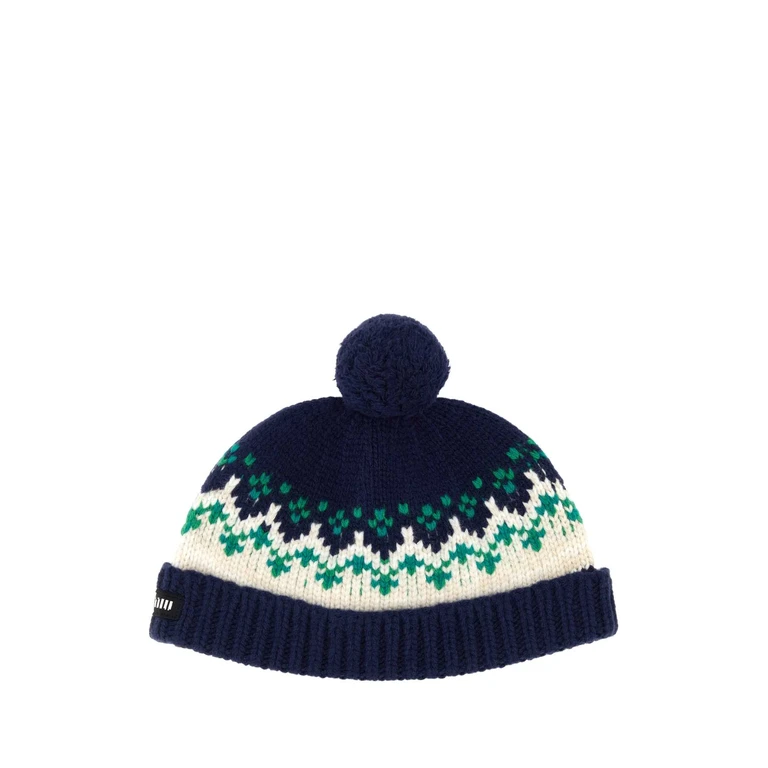 Embroidered Wool Beanie Hat Navy Exterior: Virgin Cuffie - Women