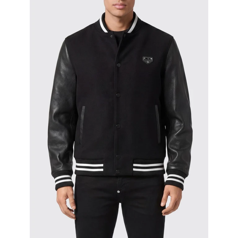 Wool and Leather Varsity Bomber Jacket with Skull Embroidery and Rhinestones (UAECMRB2971PLE131N02)