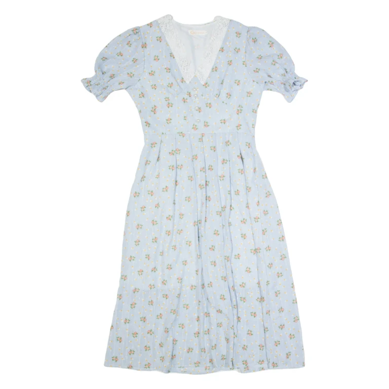 Womens A-Line Dress Blue Floral Short Sleeve Long L