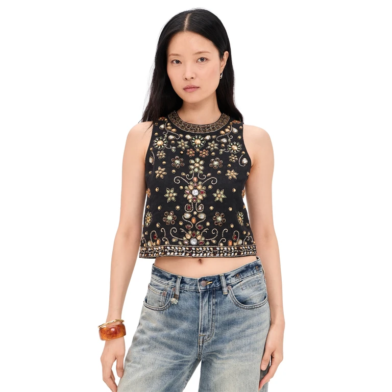 ALICE + OLIVIA Amal Embellished Boxy Tank Top Black/Multi S