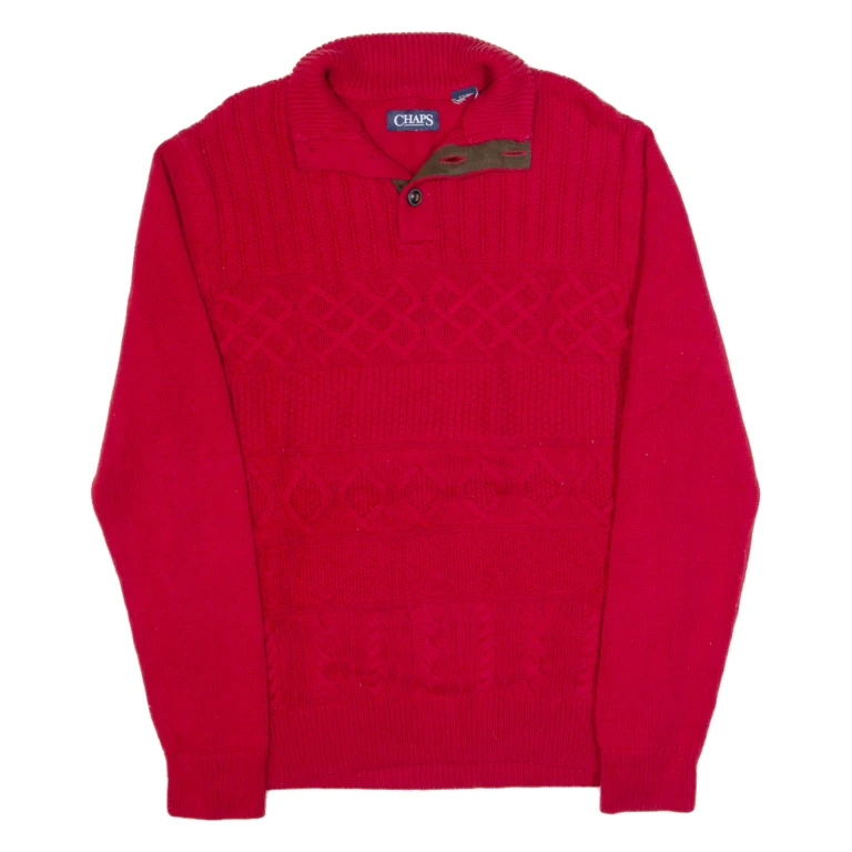 CHAPS Mens Patterned Jumper Red Button Neck Chunky Knit S