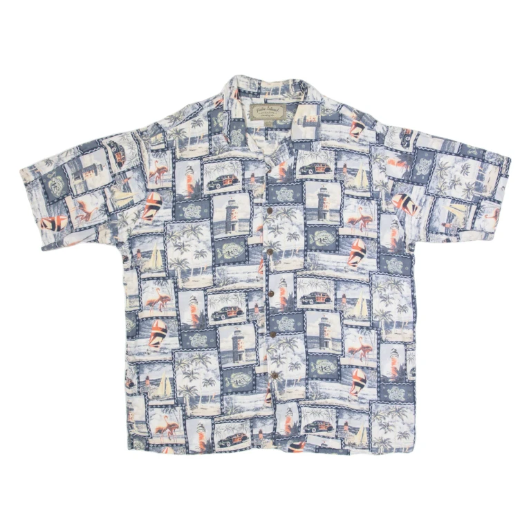 PALM ISLAND Mens Hawaiian Shirt Blue 90s Crazy Pattern XL