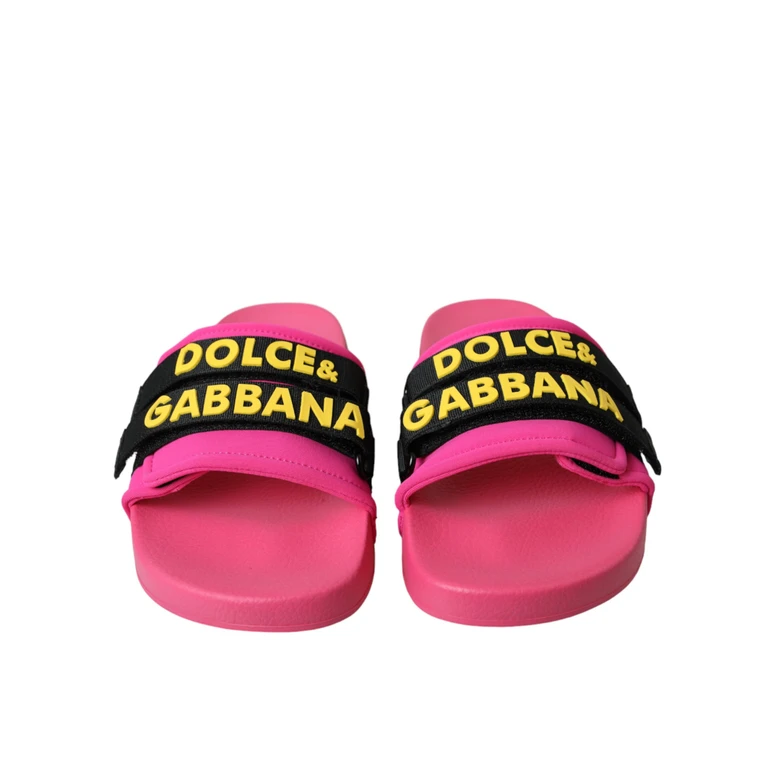 Dolce & Gabbana Pink Black Logo Beachwear Flats Sandals Shoes Nylon Pu Polyester Elastane - Women