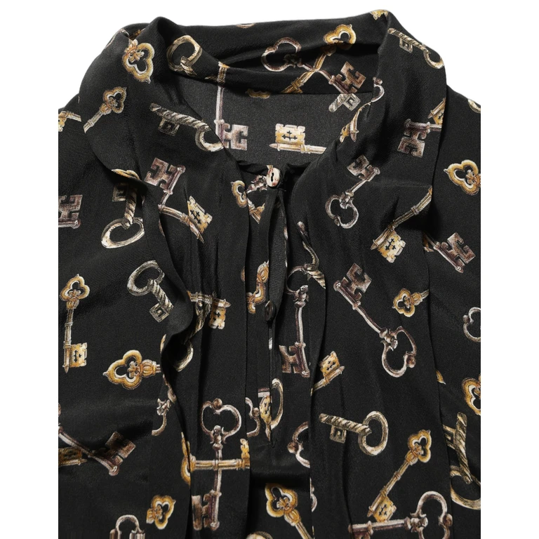 Dolce & Gabbana Black Keys Print Silk Tie Neck Blouse Top - Women