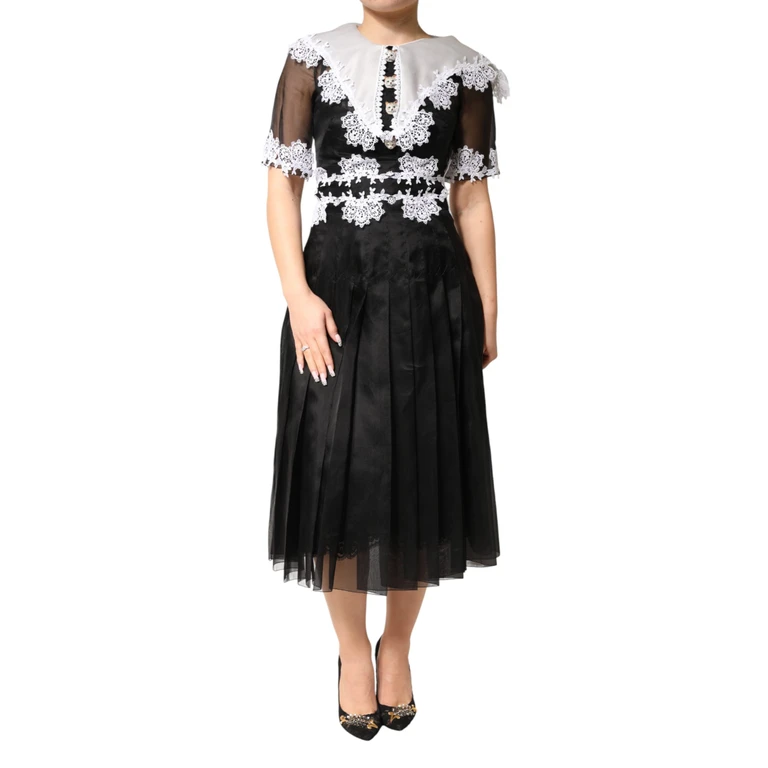 Dolce & Gabbana Black White Silk Macrame Lace Midi Dress Black/white Co+pa+pl+se - Women