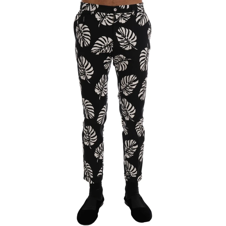 Dolce & Gabbana White Black Leaf Cotton Stretch Slim Pants Black/white - Men