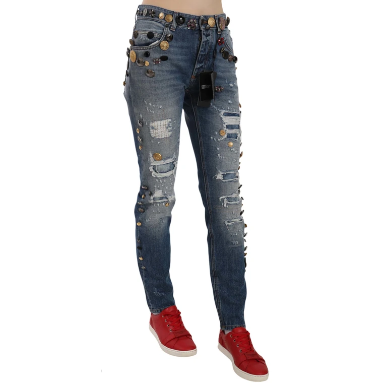 Dolce & Gabbana Distressed Embellished Buttons Denim Pants Jeans Blue Cotton - Women