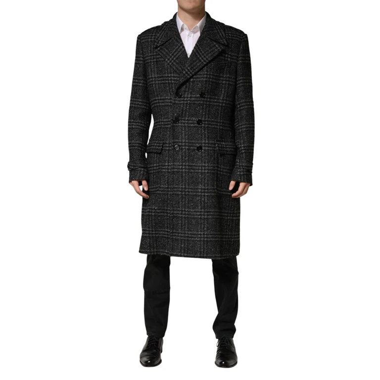 Grey Double Breasted Plaid Wool Coat Jacket Nylon Acrylic Polyester Clothing - Men