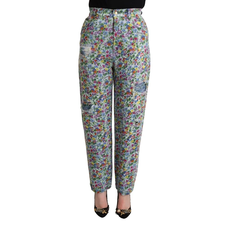 Dolce & Gabbana Blue Floral Print High Waist Denim Tapered Jeans Cotton Elastane Clothing - Women