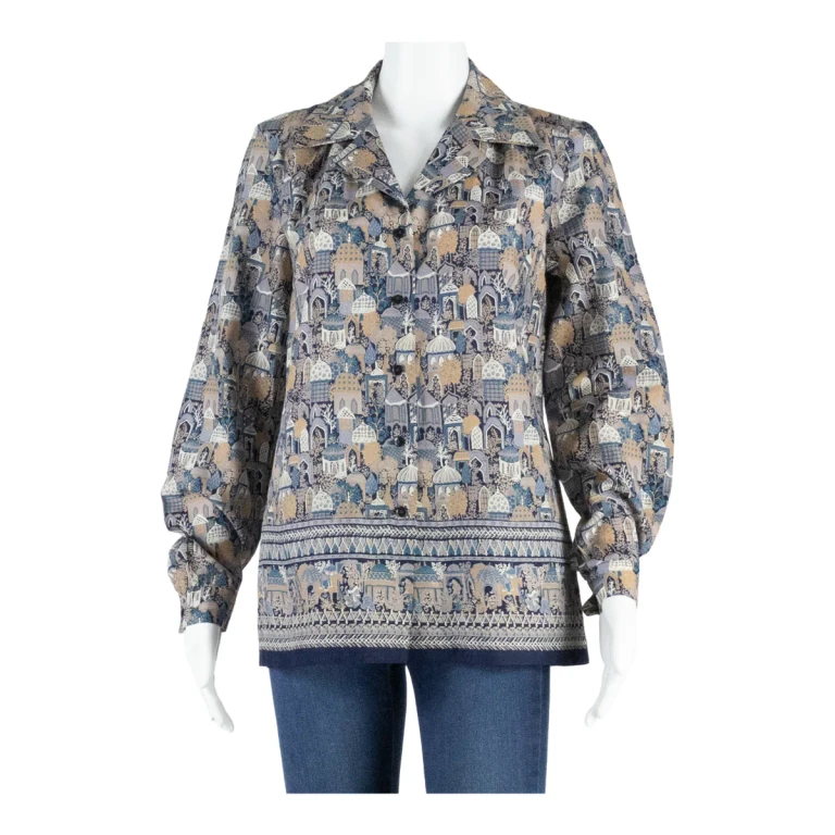Womens Printed Blouse Blue V-Neck Long Sleeve Crazy Pattern L