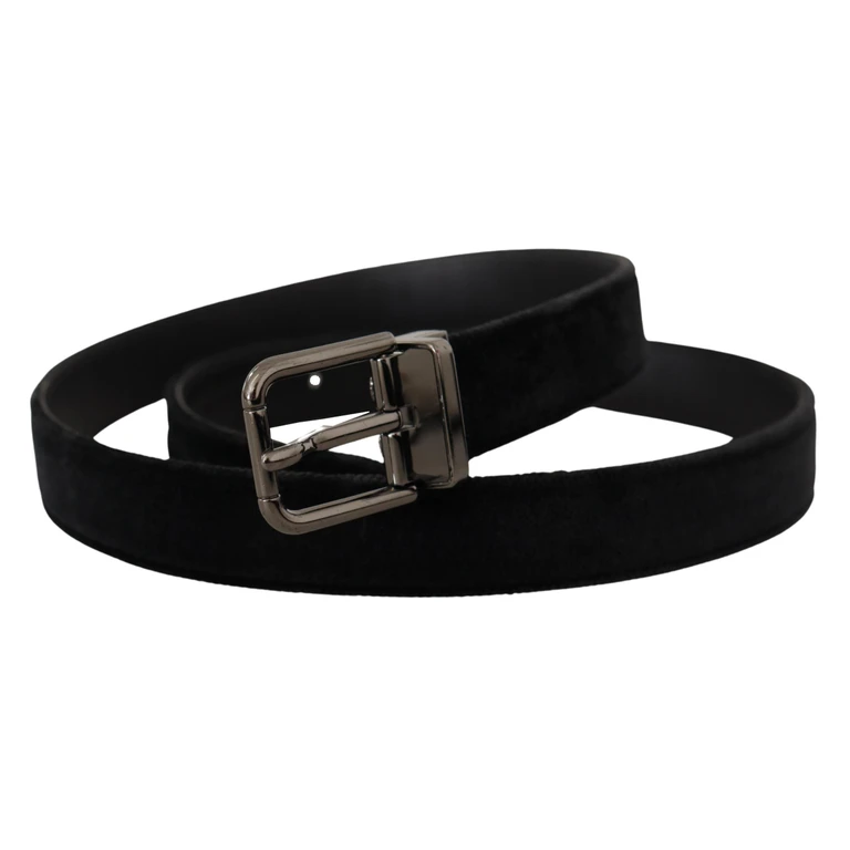 Dolce & Gabbana Black Velvet Silver Tone Logo Metal Buckle Belt Leather - Men