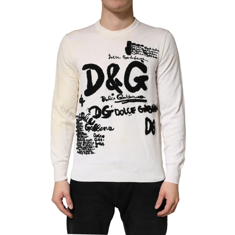 Dolce & Gabbana White Virgin Wool Graphic Logo Crewneck Sweater Black And Clothing - Men