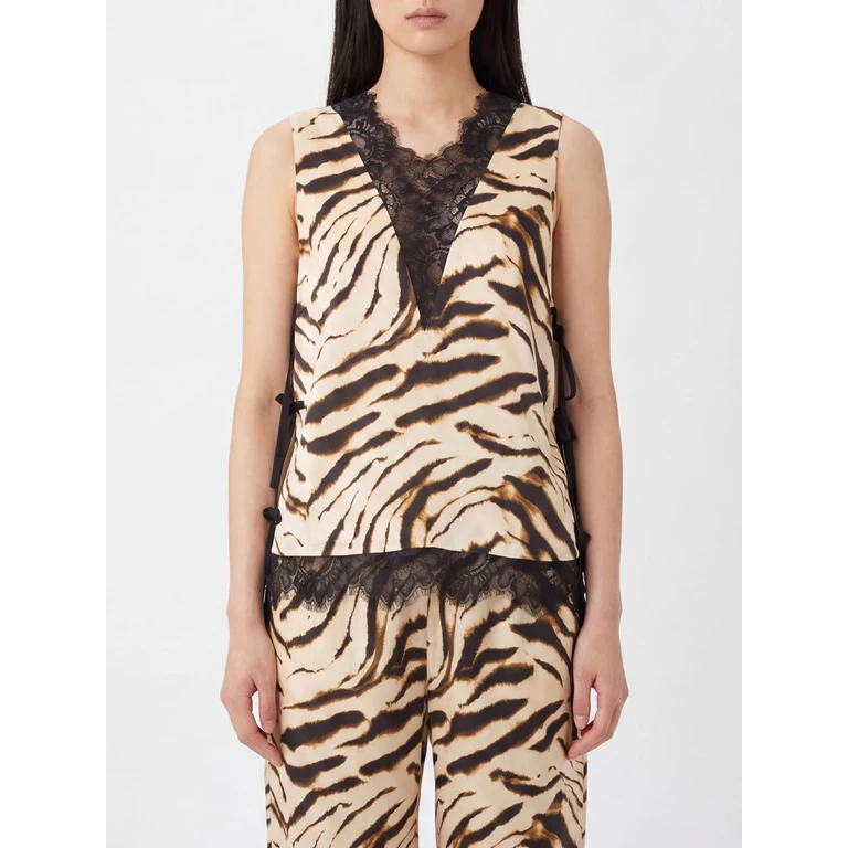Zebra-Print Satin Blouse with a V-Neck and Lace Inserts (A1040399135)