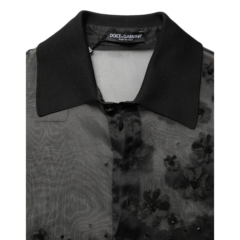 Dolce & Gabbana Black Floral Applique Sheer Short Sleeve Shirt Silk - Men
