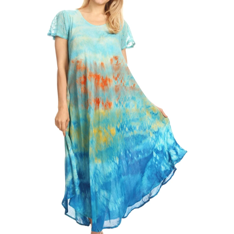 Sakkas Kaylaye Long Tie Dye Ombre Embroidered Cap Sleeve Caftan Dress / Cover Up