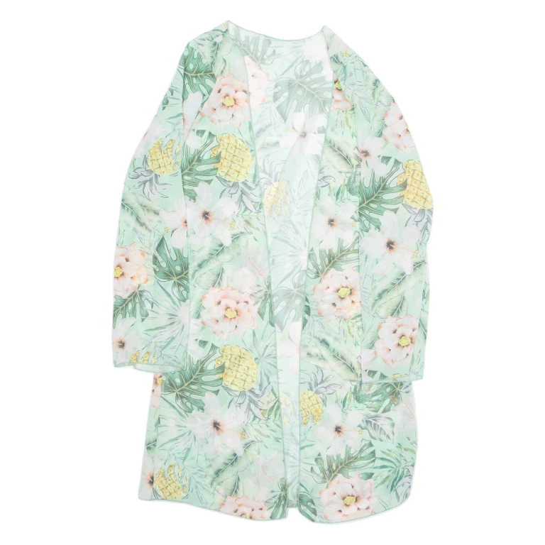 Top Womens Kimono Blouse Green Long Sleeve Floral M