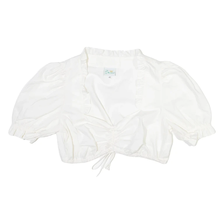 STOIBER Womens Cropped Blouse White Button Neck Puff Sleeve M