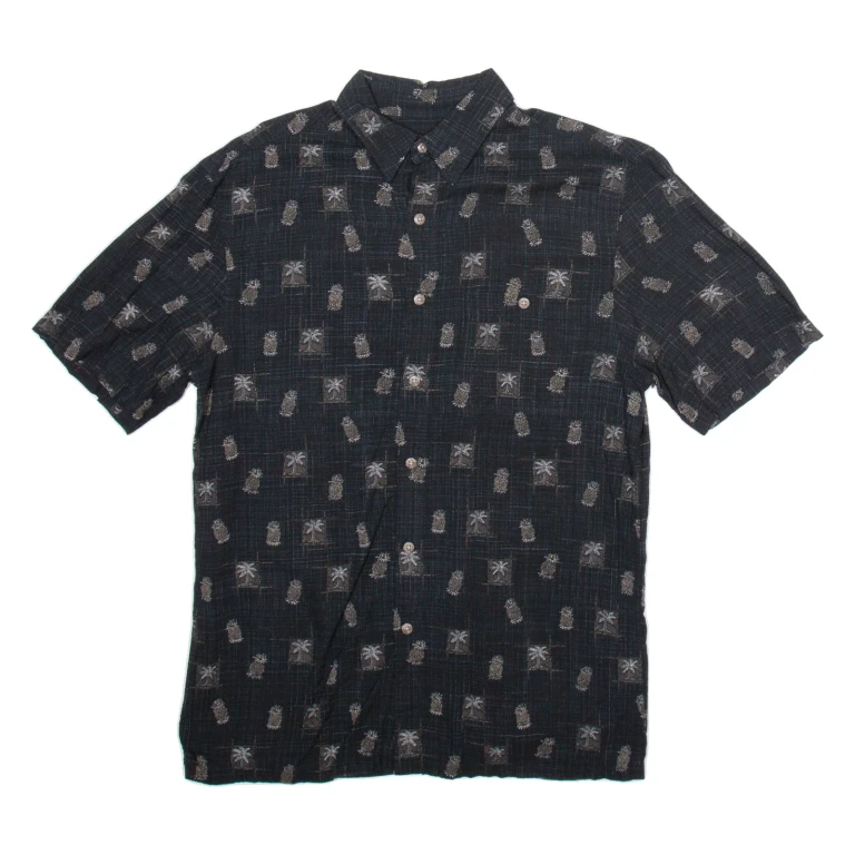 ISLAND SHORES Mens Hawaiian Shirt Black Crazy Pattern S