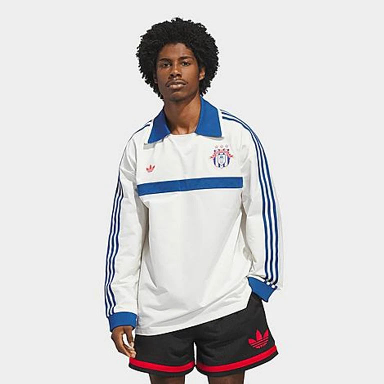 adidas Men's Originals Basketball Courtside Long-Sleeve Polo Shirt in Off White Size: XS