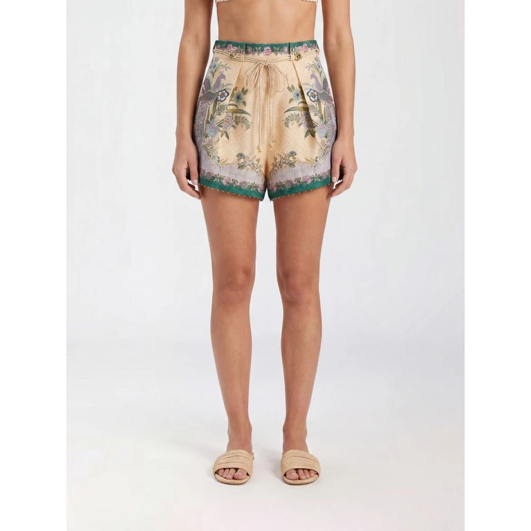 Indra High-Waisted Linen Mini Shorts with Ethnic Print (8632ASS262CSCFL)