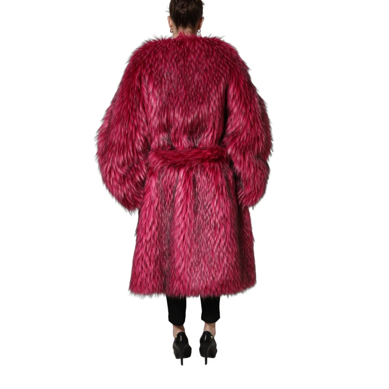 Fuchsia Belted Faux-Fur Trench Coat Jacket Modacrylic Acrylic Polyester Clothing - Women