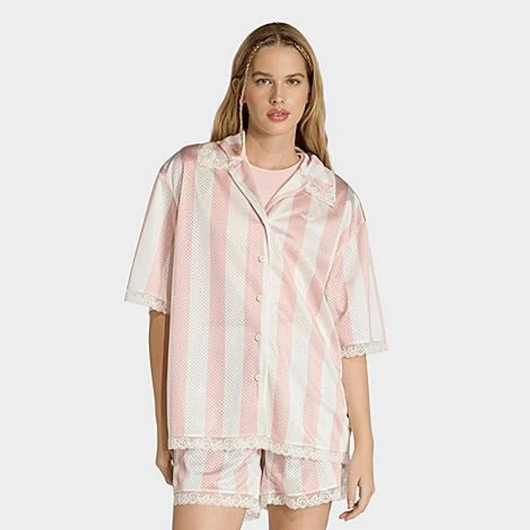 adidas Women's Originals Lace Jacquard Shirt in Off White/Sandy Pink Size: XXS