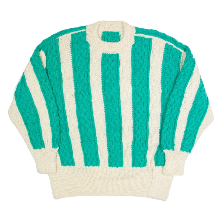 Womens Aran Jumper Cream Striped 90s Cable Knit L