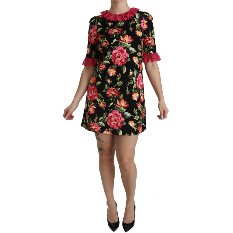 Dolce & Gabbana Floral Pink Lace A-Line Shift Mini Dress Black Cotton Elastane - Women