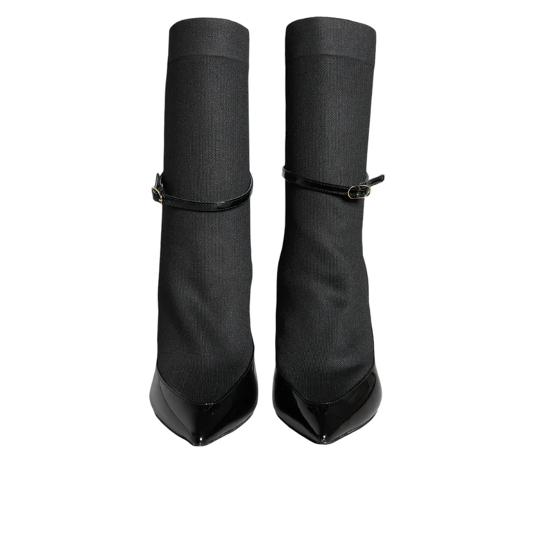 Dolce & Gabbana Black Leather Stilettos Booties Socks Shoes Patent - Women