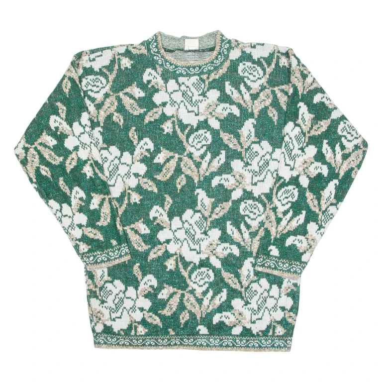 HOLIDAY TIME Glittery Womens Jumper Green Floral Tight Knit M