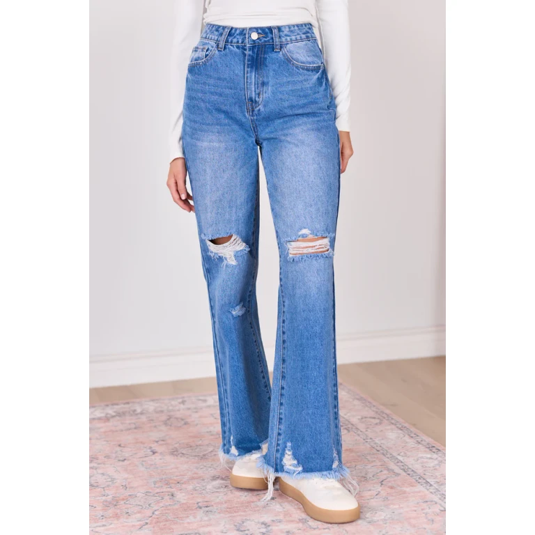Ariel Medium Wash Distressed Wide Leg Jeans