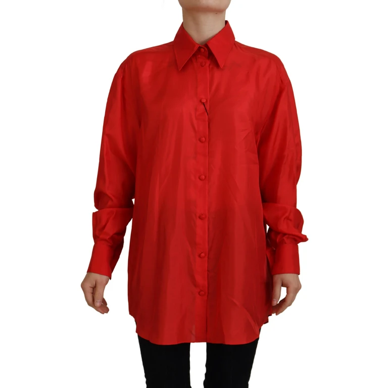 Dolce & Gabbana Red Silk Collared Long Sleeves Dress Shirt Top - Women