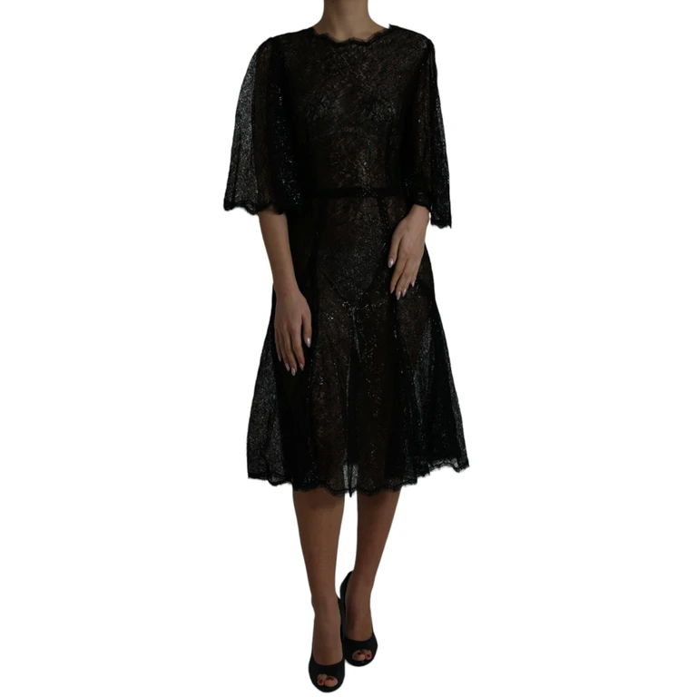 Dolce & Gabbana Black Floral Lace Sheer A-Line Midi Dress Viscose Nylon Polyester - Women