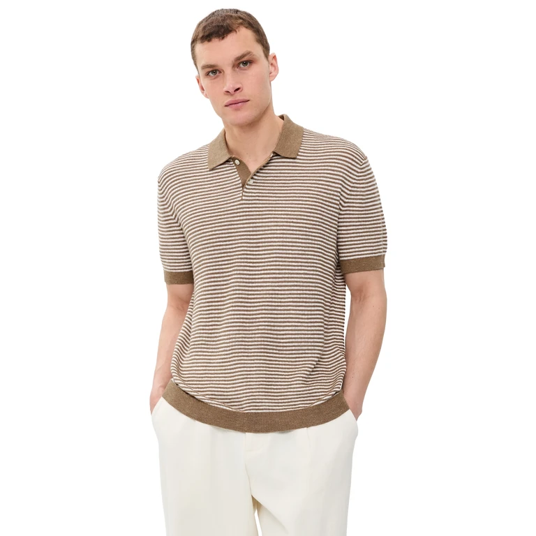 Theory Striped Polo In Pacific Linen Fresh Khaki/Winter Ivory S