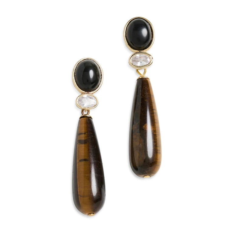 SHASHI Onyx and Tiger Eye Gemstone Earrings Gold/Tiger Eye One Size