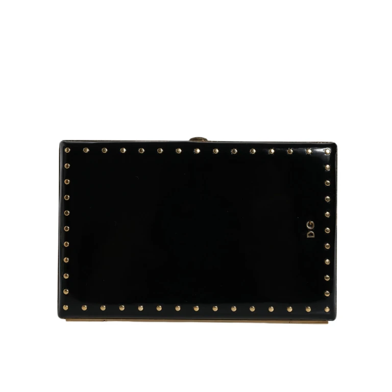 Dolce & Gabbana Black Leather Studs Gold Frame Clutch Evening Purse Bag - Women