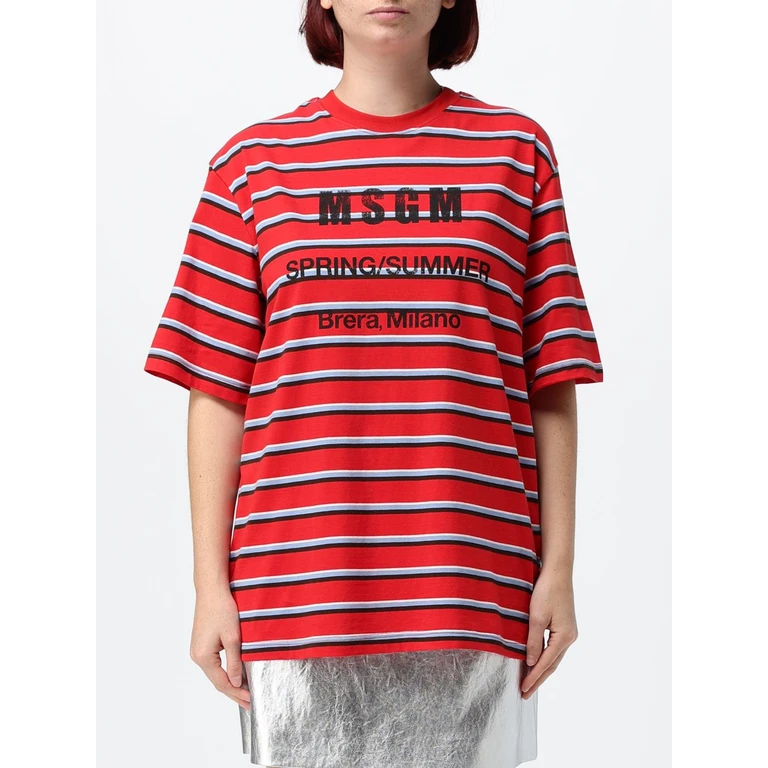 MSGM Oversized Striped Cotton T-Shirt with Logo Print (4042MDM99267310RED)