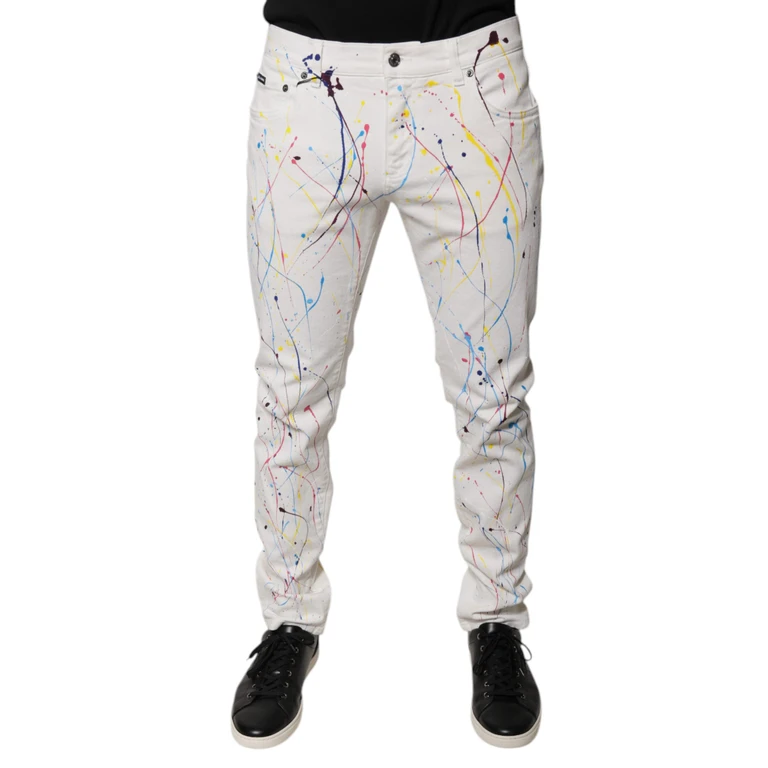 Dolce & Gabbana White Splash Print Skinny Denim Jeans Cotton Elastane Clothing - Men