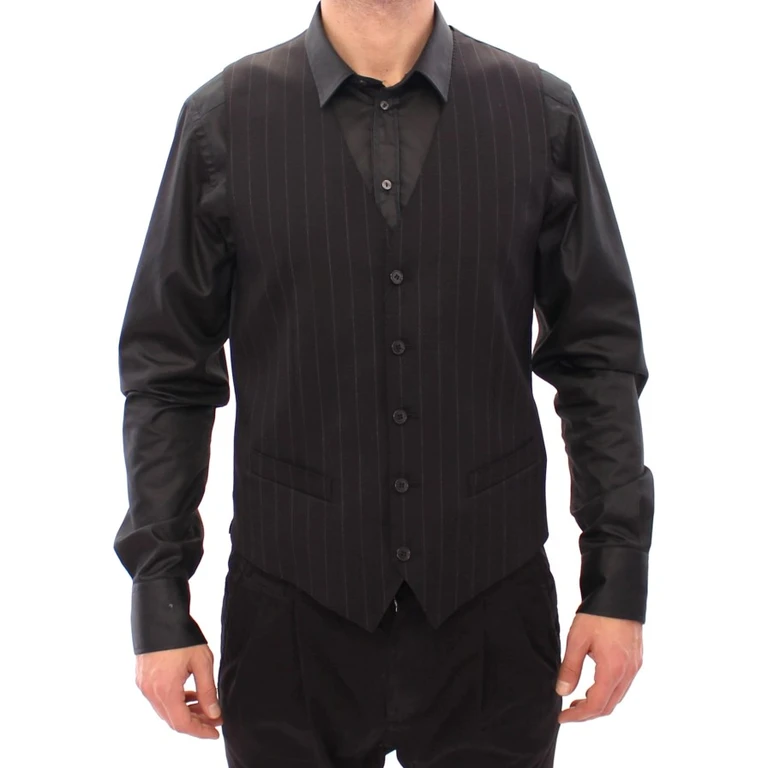 Dolce & Gabbana Black Striped Wool Logo Vest Viscose Clothing - Men