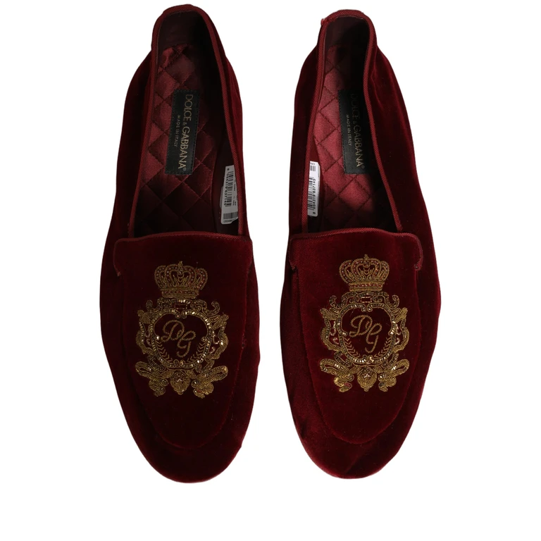 Dolce & Gabbana Maroon Velvet Crown Embroidery Loafers Shoes Leather - Men