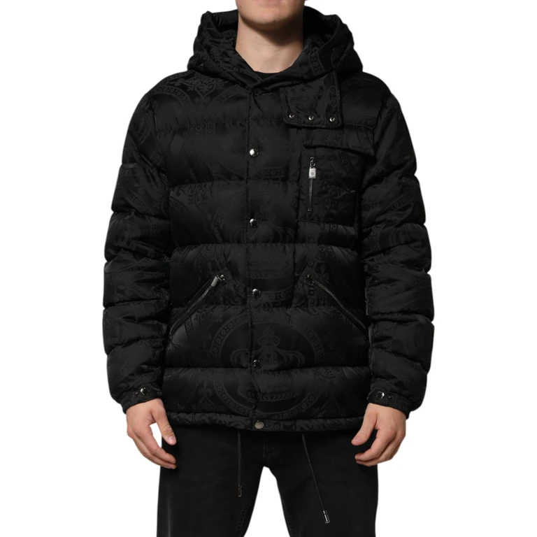 Dolce & Gabbana Black Jacquard Quilted Puffer Hooded Jacket Nylon Clothing - Men