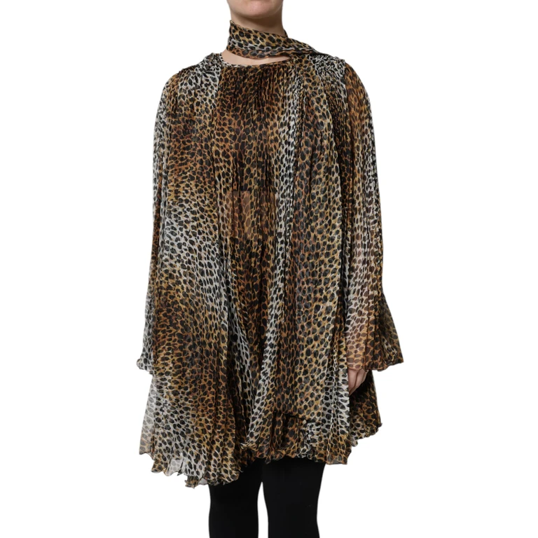 Dolce & Gabbana Brown Leopard Print Scarf Collared Chiffon Dress Polyester - Women