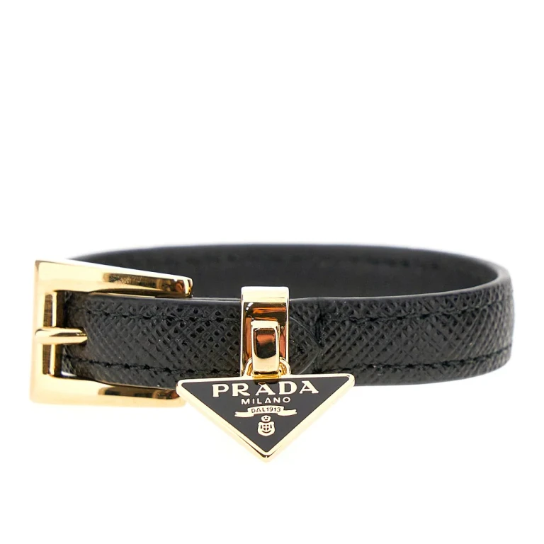 PRADA Saffiano leather bracelet with logo charm Woman S