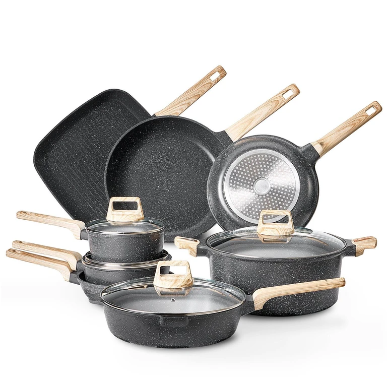 VEVOR 19 Piece Pots and Pans Set Granite Nonstick Kitchen Cookware Induction Black - Black