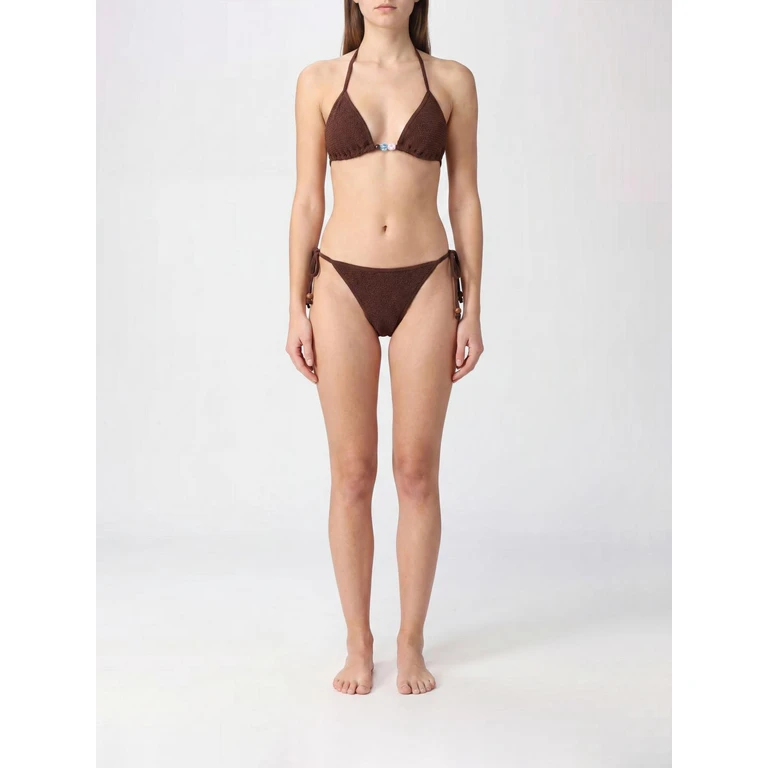 Triangle Crinkle Bikini with Beaded Details and Low-Rise Bottoms (GINABEADEDBIKINIMETALLICCHOCOLATE)