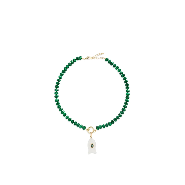 By Adina Eden Beaded Natural Stone Fish Necklace Malachite One Size