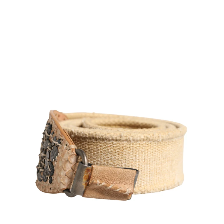 Beige Canvas Embellished Metal Buckle Belt - Women